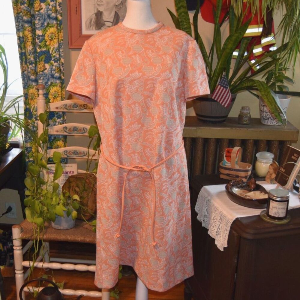 Vintage 1960s Mini Dress Shift Style Psychedelic Abstract Print Salmon Large